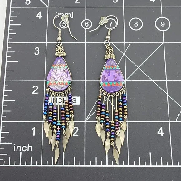 VTG Purple Southwestern Dangle Drop Earrings Beaded Fringe Tribal Pattern Design - Picture 6 of 7